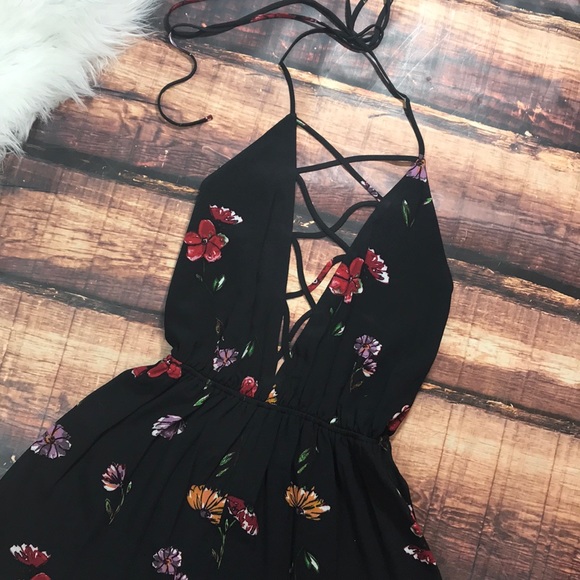 Sale!  Floral Lace Up Strappy Deep V Open Romper - Picture 5 of 8